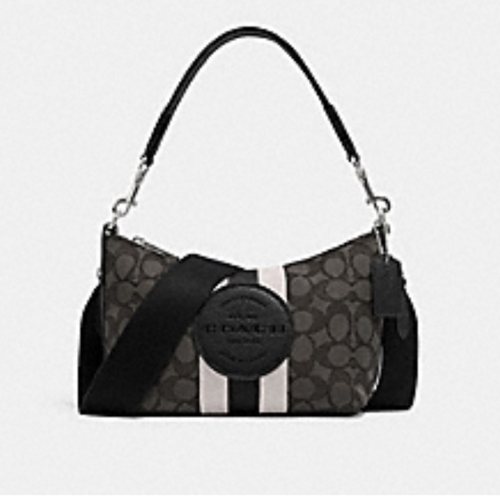 Coach Brown Signature Stripe shoulder Bag Black Accents Small Crossbody purse